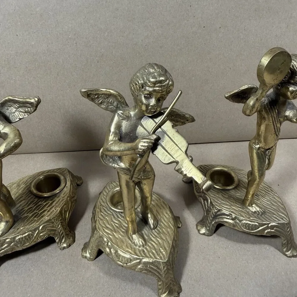 Vintage Set of 3 Solid Brass Cherub Angels Instrumental Candle Holders 7